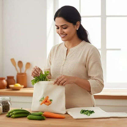 Cotton Reusable Vegetable Bags for Fridge (Pack of 10pc)